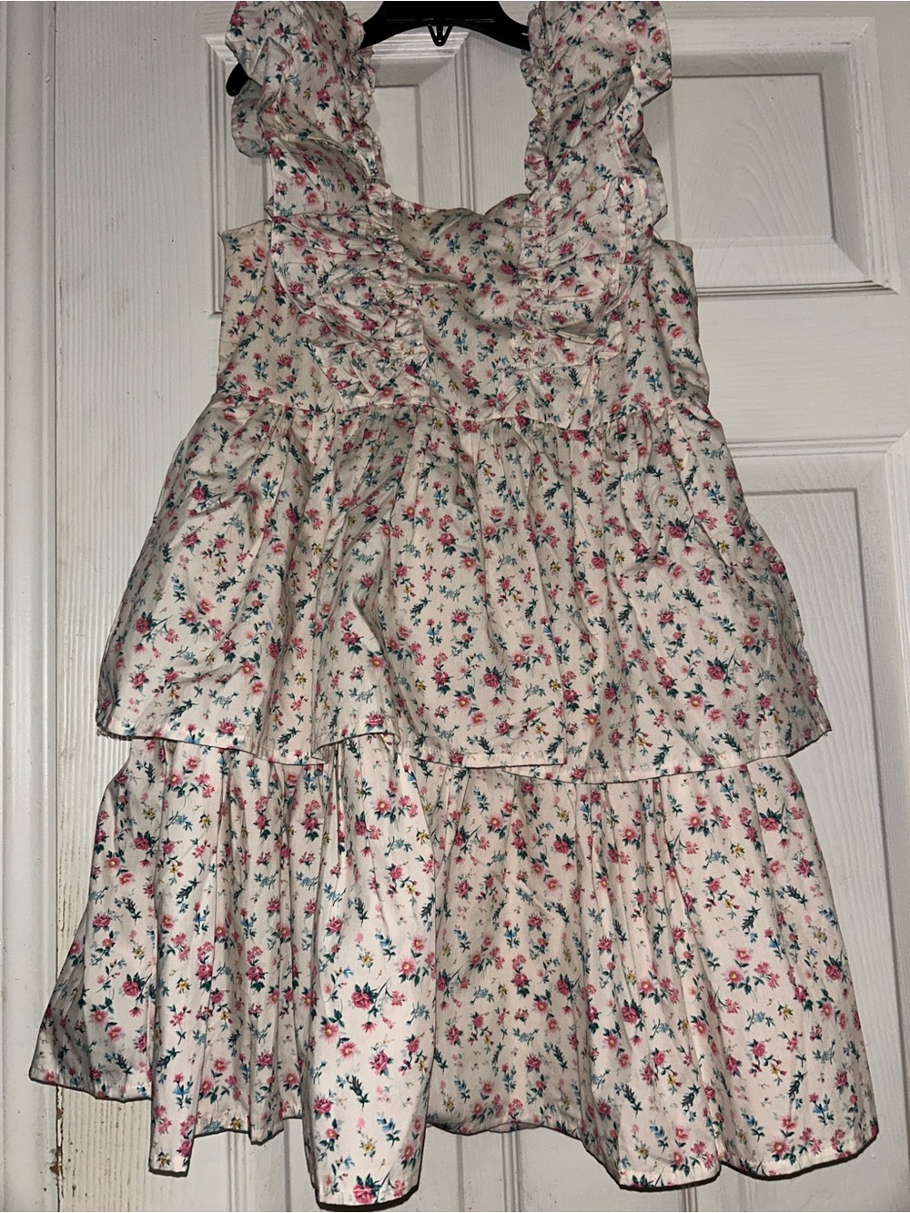 Janie and Jack Cream Floral Ruffle Tiered Dress with Pink and Green Accents